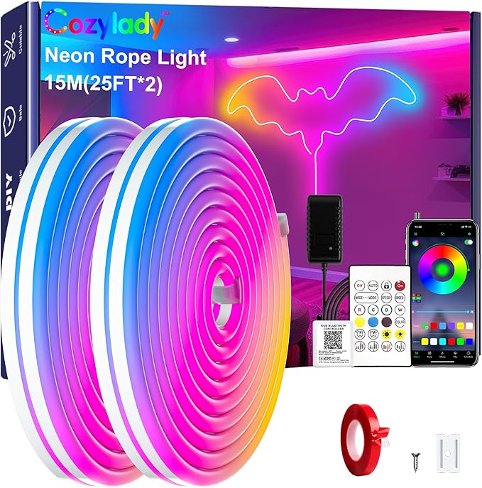 Cozylady RGB Neon Light LED Rope Light,Waterproof Bluetooth APP Remote Control Music Sync Strip Light,24V Flexible DIY Silicone Light for Bedroom Home Indoor Outdoor Decoration (50Ft/15M)