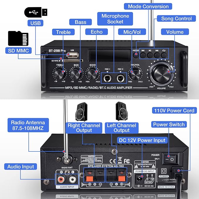 Facmogu BT-298 Pro Home Audio Amplifier, Bluetooth 5.0 Receiver Home Stereo Receiver, Max 400Wx2 RMS 50Wx2 HiFi Sound Audio System Wireless Power Amplifier, MIC in w/Echo, Bass & Treble w/USB/RCA/FM
