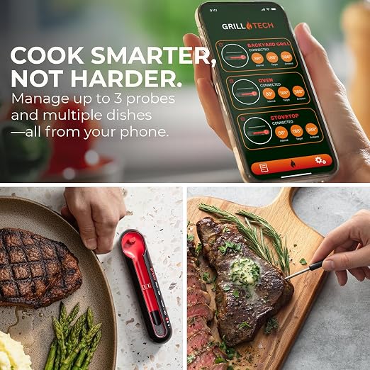 Grill Tech Smart Bluetooth Meat Thermometer Wireless Thermometer for Grilling and Smoking, Precision Accuracy, 950ft Range, USB-C Rechargeable Case, Grill Tech App for Grilling