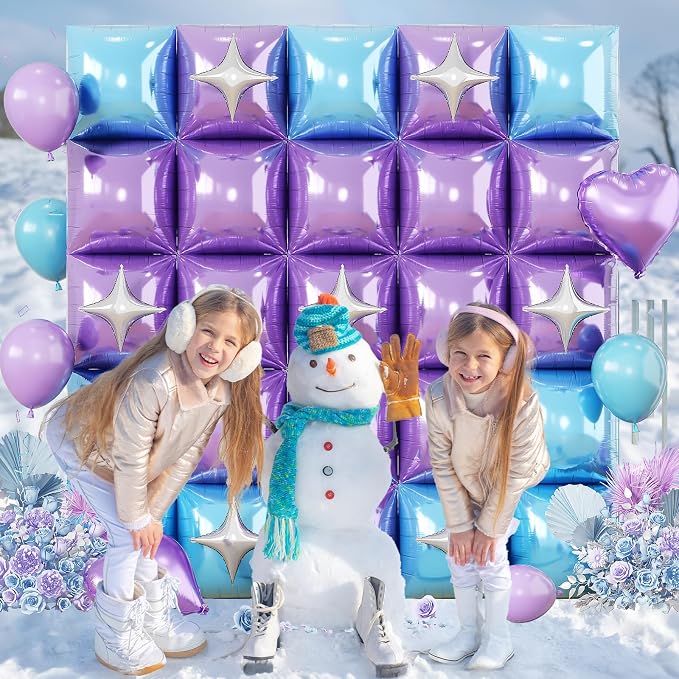 Electric Balloon Pump and 32PCS Blue and Purple Square Foil Balloon with Star Foil Balloon, 600W Dual Nozzle Air Pump & Metallic Purple Light Blue Tunnel Arch Kit for Winter Snow Birthdays