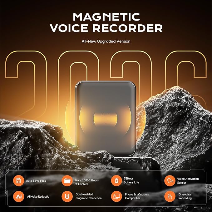 Voice Activated Recorder 64GB - Double-Sided Magnetic Voice Recorder with AI Noise Reduction, Holds 6000 Hours of Audio, Recording Device for Lectures, Meetings and Interviews