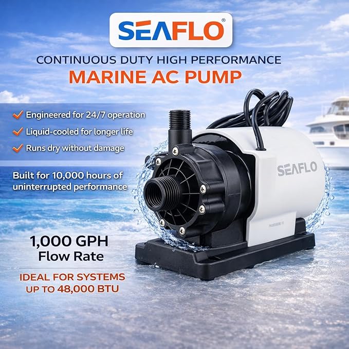 SEAFLO 1000 GPH Air Conditioning Pump 115V Marine AC 16.6 GPM Magnetic Drive Circulation for Systems up to 45000 BTU 26.9 ft Head Continuous Duty HVAC Pump 4-Year Warranty