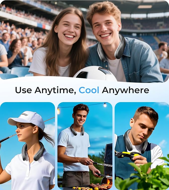 RANVOO Neck Fan, 120° Adjustable-width Portable Fan, 360° Cooling Neck Fans, 16H Battery Powered Fan, 3 speeds Personal Fans, Bladeless Hands Free outdoor Fans for Travel/Gift/Men/Women, Black