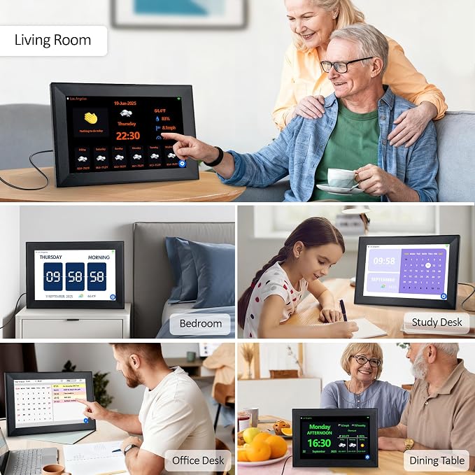 WiFi 10.1 Inch Digital Alarm Clock for Seniors, Large Display with Day/Date Smart Touchscreen Electronic Calendar 64 Alarms 64 Reminders Dementia Alarm Clock for Elderly（Black）