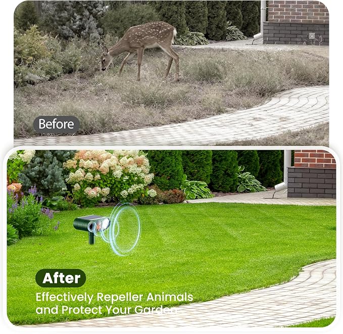 2026 Upgraded Ultrasonic Solar Animal Repellent Outdoor, Deer Repellent Devices Waterproof, Cat Repellent Outdoor with Motion-Activated Deterrent, Repels Squirrel, Deer, Raccoon for Yard (2-Pack)