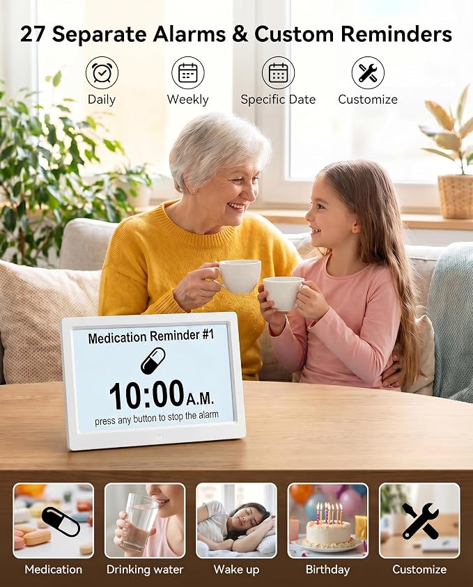 11.5 Inch Extra Large Digital Talking Clock with 27 Alarms, Auto DST, Talking Time, 20 Custom Reminders, 10-Level Auto Dimmer, Day Date Calendar Clock for Seniors Dementia Alzheimers, with Remote