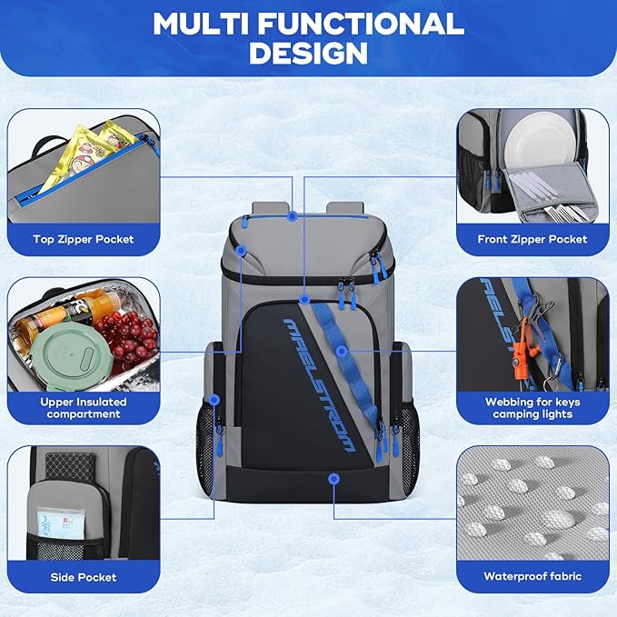 Maelstrom Backpack Cooler,36 Can Cooler Backpack,Soft Cooler Bag Insulated Leakproof,Lightweight Ice Chest Backpack,Travel Cooler Lunch Backpack for Camping,Hiking,Beach