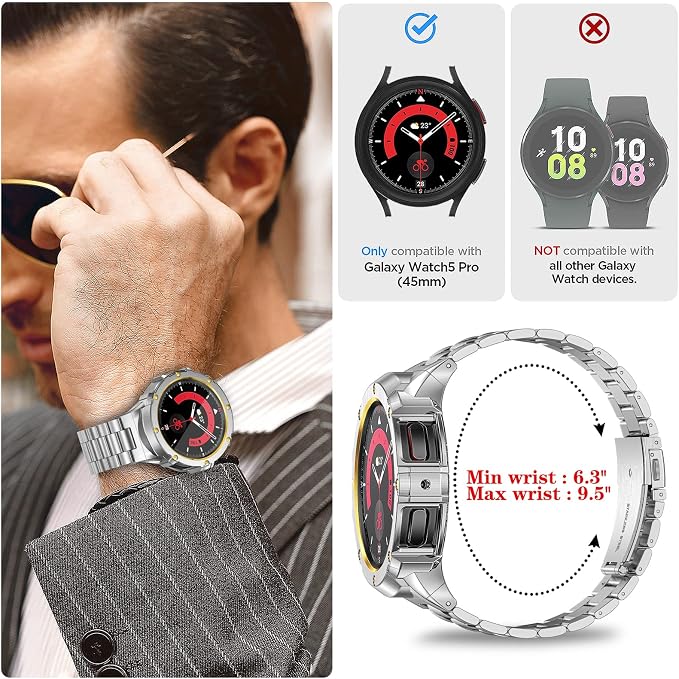 SUPLINK Metal Case and Band Compatible with Samsung Galaxy Watch 5 Pro Band 45mm, Rugged Stainless Steel Protective Case Bands for Samsung 5 pro Watch Men, Silver/Gold