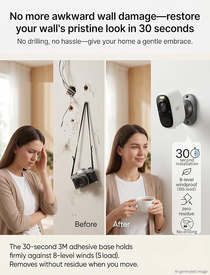 DCT Magnetic Security Camera Outdoor: 10s 3M No-Drill Mount – for Renters | | 8-Level Windproof with Drill-Like Stability – Peace of Mind at Front Door/Backyard/Garage – Wireless Easy Setup