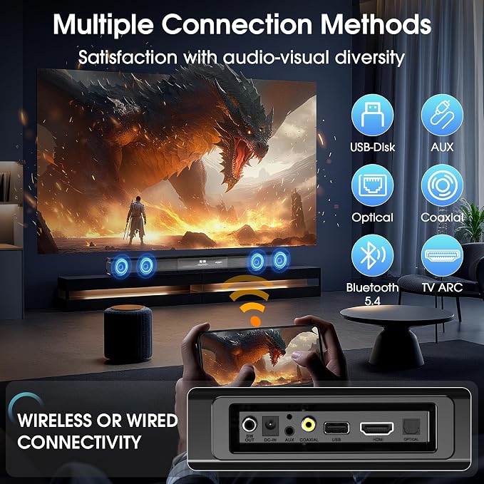 2.1 Channel Sound Bar with Wired Subwoofer, Dorby Audio 35in Detachable TV Soundbar, Bluetooth, HDMI-ARC, Optical, AUX, USB, FM, Coaxial Inputs for Home Theater