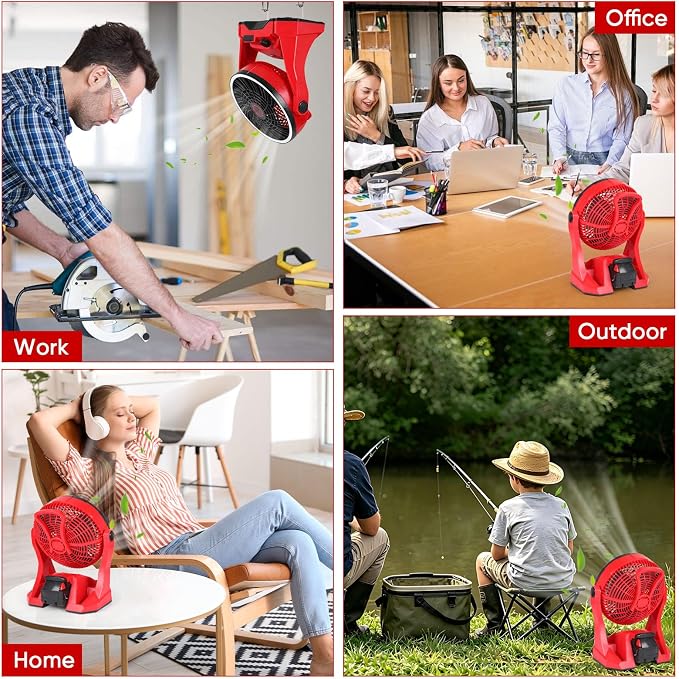 Fan Compatible with Milwaukee M18 Battery Portable Jobsite Camping Fan with Infinite Speed Control USB-C and USB Charging, Hook, Handle 270° Tilt 4.5H Max Runtime for Outdoor Use Battery Not Included