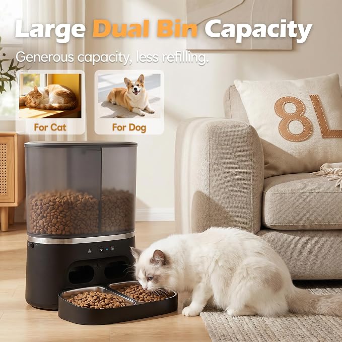 Automatic Cat Feeder with Camera, Automatic Dog Feeder Dry Food, 8L Dual Hopper Auto Cat Food Dispenser, 1080P HD Video with Night Vision/2-Way Audio/APP, 5G WiFi Pet Feeder with Low Food Tray-Black