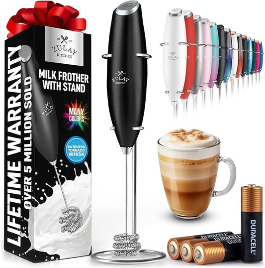 Zulay Kitchen Powerful Milk Frother Wand With Duracell Batteries - Ultra Fast Handheld Drink Mixer - Electric Whisk Foam Maker for Coffee, Lattes, Cappuccino & Matcha - Triple Whisk - Quartz Obsidian