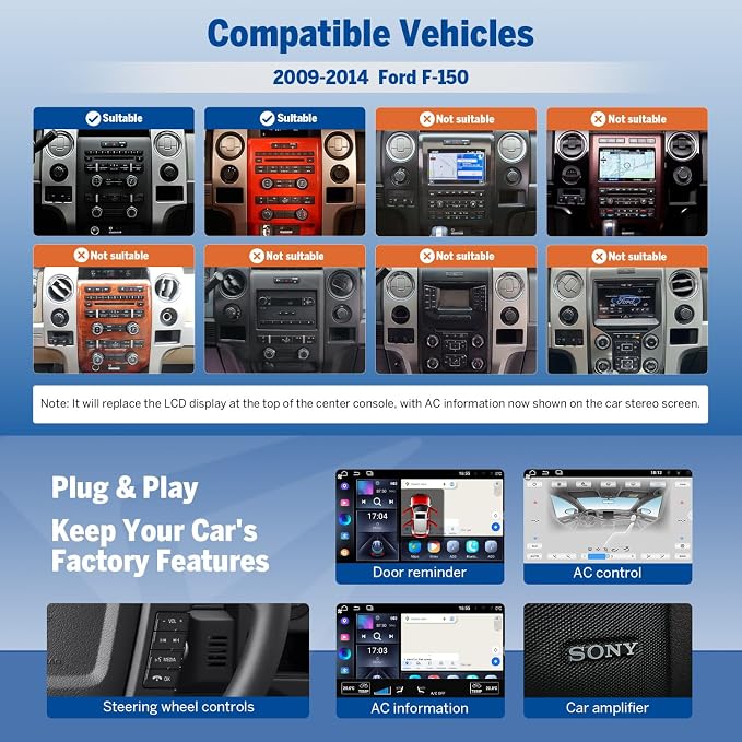 Eonon 9“ Car Stereo 4+64Gfor Ford F150 (2009-2014), Android 14 Wireless CarPlay & Android Auto, Bluetooth 5.4, Touch Screen GPS Navigation, Backup Camera Support,WiFi - FDF1X7A