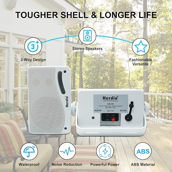 Herdio 3.5" Outdoor Bluetooth Speakers Wired Waterproof, 200W 3 Way Upgrade Premium Wall Mount Speakers, Durable Mountable Loud Sound System for Patio Indoor Deck Garage (White Pair)