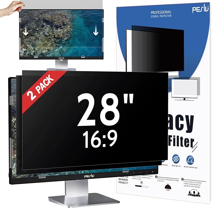 Peslv [2 Pack] 28 Inch Privacy Screen for Computer Monitor 16:9 Aspect Ratio, Eye Protection Anti Blue Light Glare Shield, 28inch Removable Black Blackout Anti Spy Desktop Security Private Filter