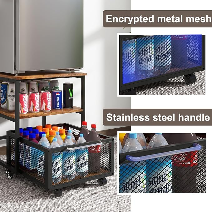 PUNCIA 19.7"x19.7" Mini Fridge Stand 3-Tier Storage Beverage Fridge Table | 220-lb Capacity Beverage Refrigerator Table, Heavy Duty Rolling Organizer with Drawers for Dorm Apartment Office Bedroom