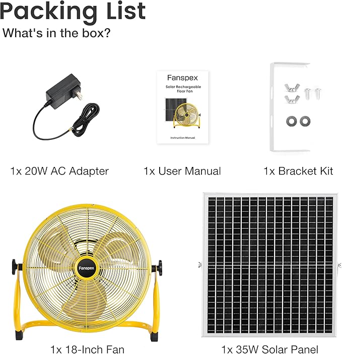 Fanspex 18" Solar Rechargeable Floor Fan for Outdoor, 22500 mAh Battery Operated Fan with 35W Solar Panel Powered for Patio Gazebo Camping, 360° Tilt (19.1 ft/s Airflow)