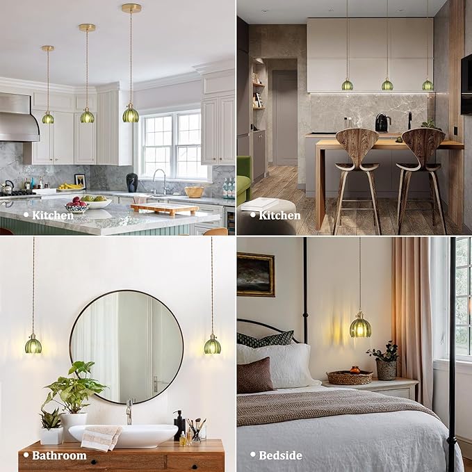 Shenmoyl Pendant Light with Green Tulip Glass Lmapshade, Brass Vintage Pendant Light Adjustable Hanging Light for Kitchen Island Dining Room Hallway