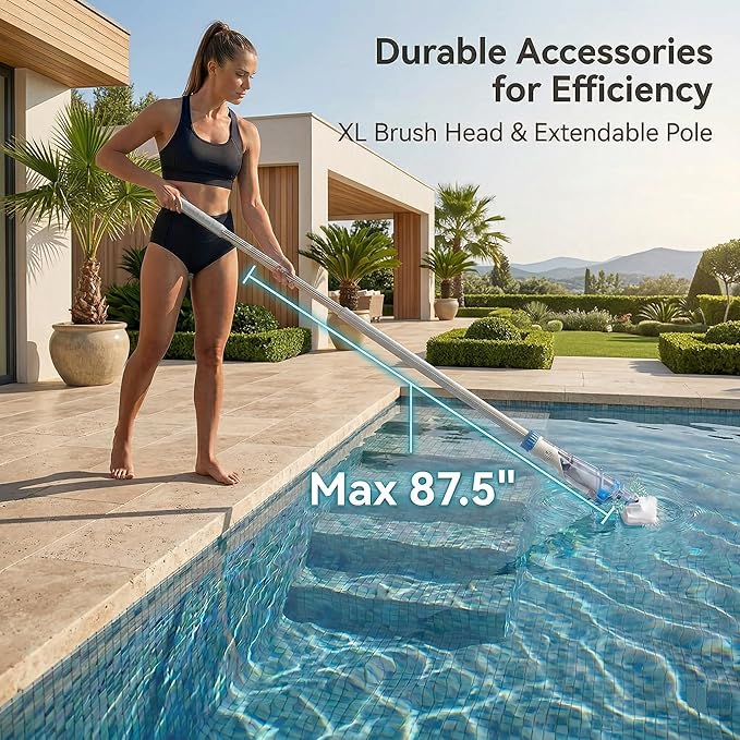 Pool Vacuum for Above Ground Pools & Inground Pools, Consciot Rechargeable Handheld Cleaner with Telescopic Pole, 18.5 GPM Suction, 13.4" Head, 60-Min Runtime, for Spa & Hot Tub