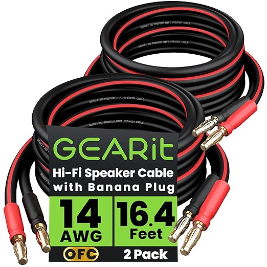 GEARit 14 Gauge OFC Speaker Wire with Banana Plugs, 2 Pack 16.4 Ft Speaker Cable with Gold Plated Tips, High-Fidelity Audio for HiFi, Bi-Wire, Bi-Amp & Surround Sound Speakers, Black