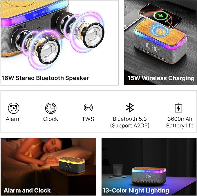 S300 Portable Bluetooth Speaker, 16 W Stereo, BT 5.3, TWS Pairing | 15 W Wireless Charging, 13-Color Night Light, Alarm Clock, TF AUX Inputs, Ideal for PC Smartphone Home Bedroom Office