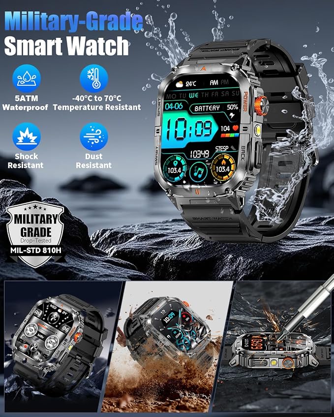 Military Smarty Watch for Men, 2.01" Smartwatch with 1200mAh Battery, Flashlight, Answer/Make Calls, Heart Rate/Sleep Monitor 100+ Sport Modes Fitness Tracker for Android/iPhone (002)