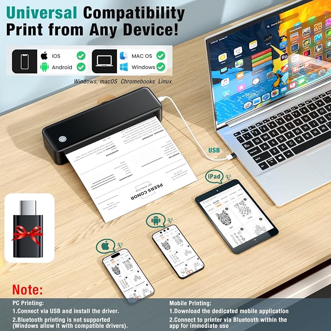 PEDOOLO Portable Printer Wireless for Travel, Inkless Thermal Printer Supports 8.5 x 11 Inch Thermal Paper, Bluetooth Compatible with iOS, Android, Laptop Includes 2 Rolls & 10 Sheets of Paper Kit