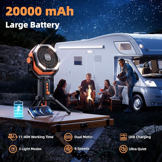 MORIKO Table Fans Tripod, 20000mAh Rechargeable Battery Operated Portable Tent Fan with LED Lantern, Remote Control, Hook, 270° Pivot, Stepless Speed-Ideal for Camping, Picnic, Barbecue, Jobsite