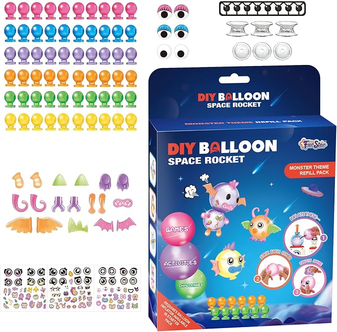 DIY Balloon Craft Kit Refill Pack - 194 Pcs Replacement Accessories for Sticky Balloon Toys, Creative Arts & Crafts Supplies for Kids 3+