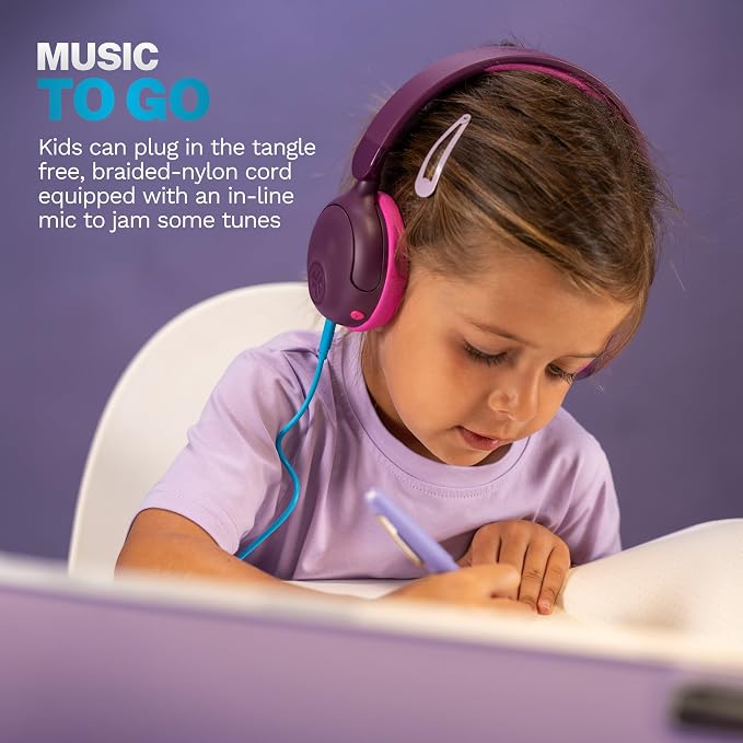 JLab, JBuddies ANC, 2 in 1 Kids Headphones, Active Noise Cancelling Wireless + Wired Over Ear, Purple/Pink