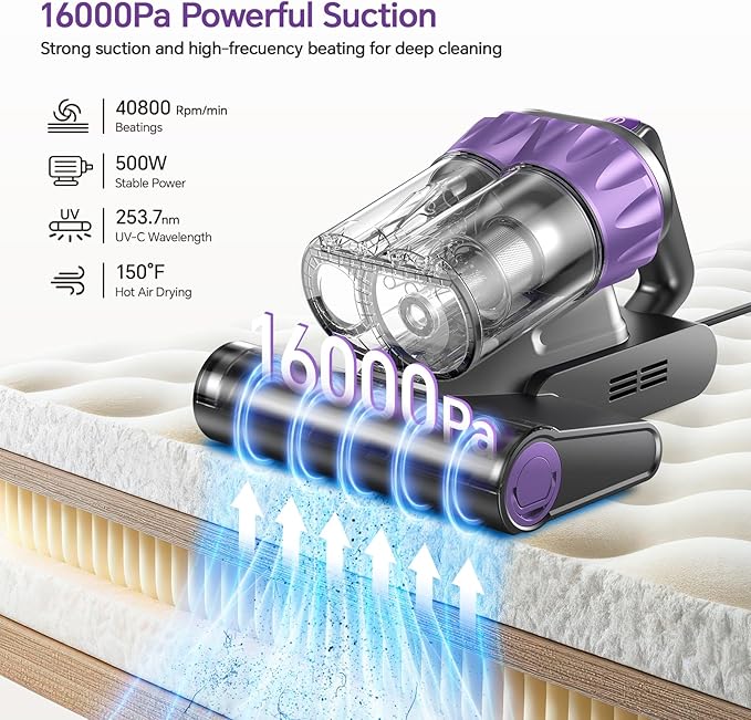 Mattress Vacuum Cleaner 18Kpa Bed Vacuum Cleaner with Smart Dust Sensor,253.7nm UV-C Light,HEPA Filter,150°F Heat,500W Powerful Handheld,for Bed,Sofa,Couch,CribMother's Day Gift Ideas for Women