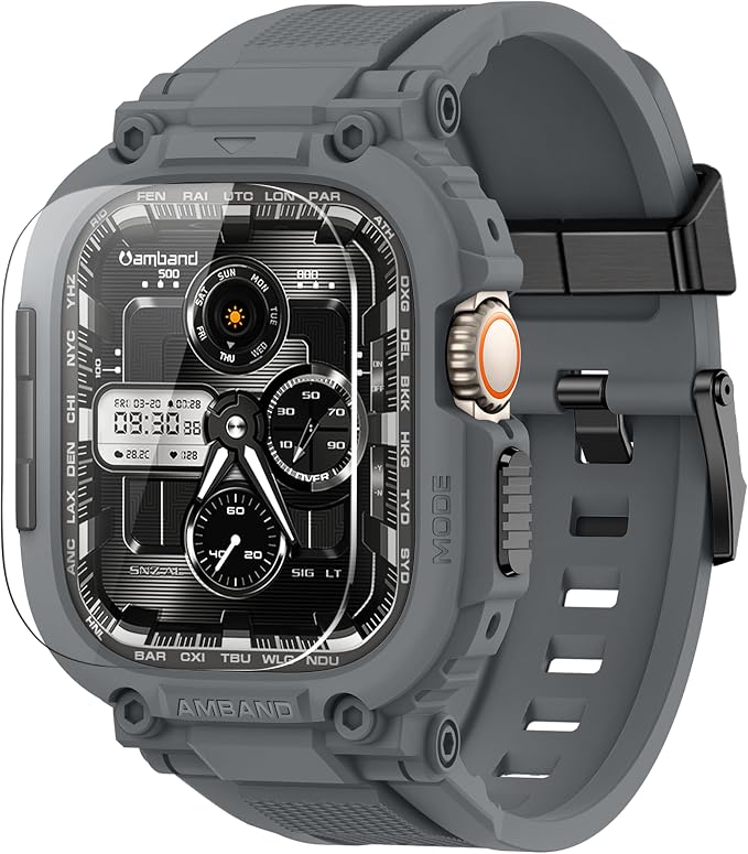 amBand Bands Case Screen Protector Compatible with Apple Watch Ultra 3/2/1 49mm, M1 Sport Series Rugged Cover Strap and 9H Tempered Glass Film, Protective Bumper for iWatch 49 mm Men Gray