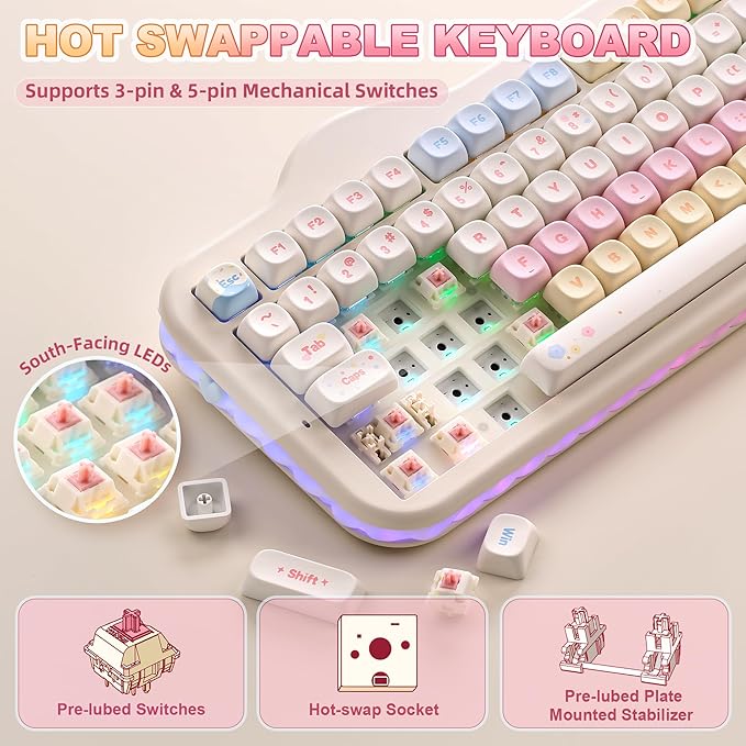 YUNZII C98 Wireless Mechanical Keyboard with Number Pad,99 Key BT5.0/2.4G/USB-C Hot Swap Gasket Mount with PBT MOA Keycaps,Custom RGB,Cute Cake Keyboard for Win/Mac (Beige, Candy Linear Switch)
