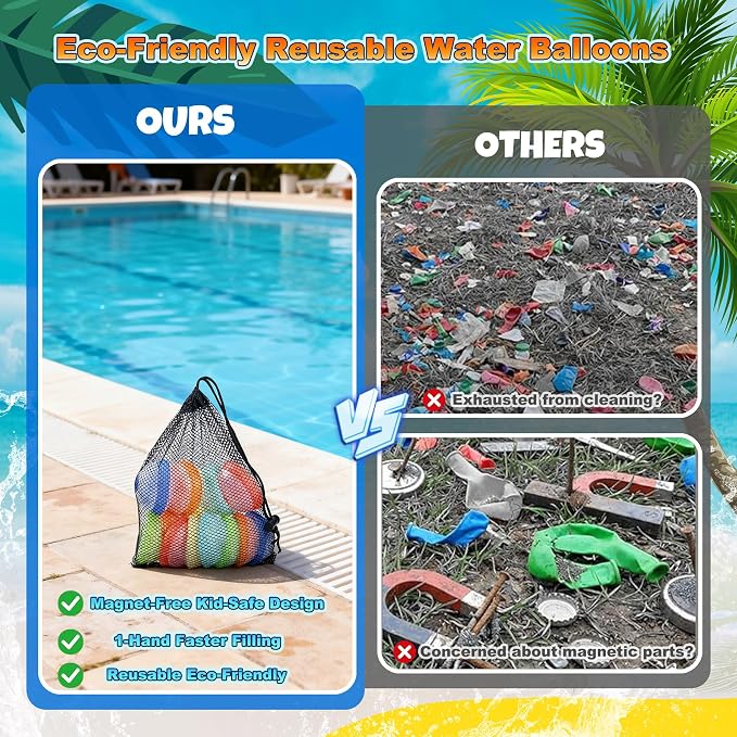 Reusable Water Balloons – 6 Pack Self-Sealing Refillable Water Balloon Quick Fill, No Magnets Self-Filling Water Balls, Eco-Friendly Outdoor Summer Pool Toys for Backyard Beach Splash Wars