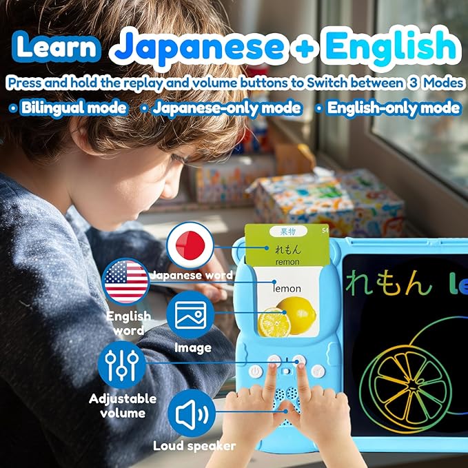 Drawing Tablet with Bilingual Flashcards for Kids - Japanese English Talking Flash Cards, LCD Writing Pad Board, Pocket Speech for Toddlers, Learning Toy Gift for Boy Girls (Japanese, Blue)