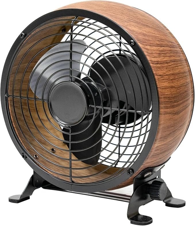 JL Missouri Parts & Misc. Retro All Metal Desktop Fan AC or USB, 5" 3 Speed Wood Grain Drum Desk Adjustable Tilt, 300CFM, Poweful & Quiet