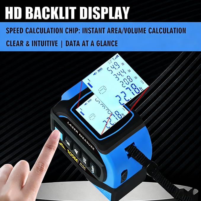 4-in-1 Laser Tape Measure 328FT, Digital Laser Distance Meter,16FT Steel Tape, Dual-Axis Electronic Angle & Crosshair Level, Area/Volume/Pythagorean, LCD Rechargeable Measuring Tool (Blue)