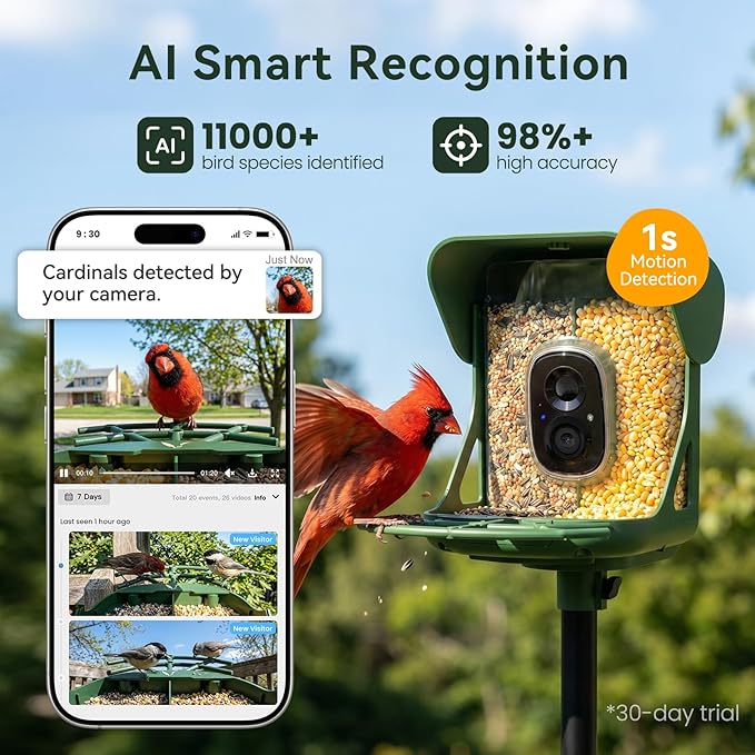 Smart Bird Feeder with Camera, AI Identify Birds Species, 2K HD Color Night Vision, IP65 Waterproof Solar Powered Bird Feeder with 142° Wide Angle, Auto Capture & Real-Time Notifications, Ideal Gift