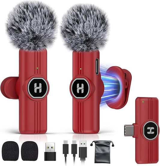 HEHOTTC USB C Mini Wireless Lavalier Microphone for iPhone 15 16, iOS and Android Devices - Noise Reduction Lapel Mic for Recording, Clip Omni Lav Mic for Video Recording, Tiktok, YouTube, Vlog (Red)