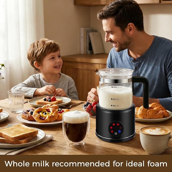 Milk Frother and Steamer, 6 in 1 Milk Steamer and Milk Warmer, 17oz Auto Shut Off Electric Frother with Touch Screen, Hot/Cold Foam Maker for Coffee, Latte, Cappuccino, Hot Chocolate, Black
