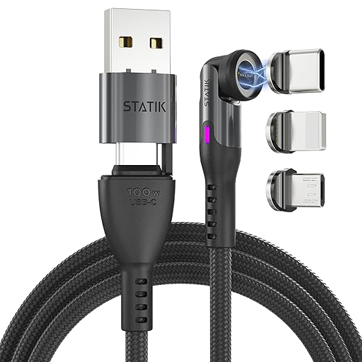 Statik 360 Pro Magnetic Charging Cable - Type C Charger Fast Charging 3 in 1 USB C to USB C Cable, Micro USB & iProduct Tips, USB A Adapter, Fits All Devices - 100W Fast Charger, Black 3FT/1M