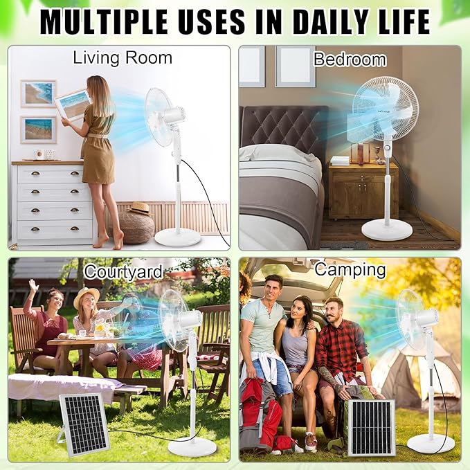 Blosssound 16 Inch Portable Solar Floor Fan Rechargeable Oscillating Standing Pedestal Fan with Solar Panel, 12000mah Battery, Two Charging Methods, 3 Speeds for Home Office Outdoor(White)