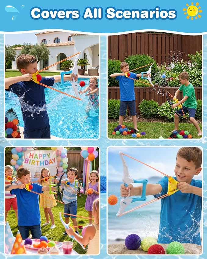 Reusable Water Balloons Set with 2 Bow - 24 Soft Cotton Water Balls (2.36in, Ages 3+) and Mesh Storage Bag, Outdoor Water Toys for Kids and Adults, Summer Pool Beach Backyard Water Game（2PC）