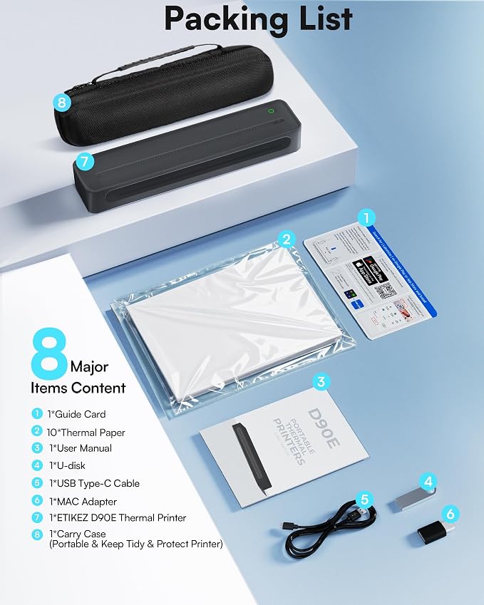 D90E Inkless Portable Printer for Travel, Supports 8.5 x 11 Inch Thermal Paper Wireless Thermal Printer Bluetooth, with Travel Case & 10 Sheets for Students, Office, School, Black