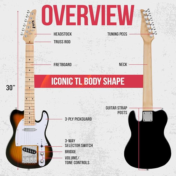 LyxPro 30” Electric Guitar TL Series, Full-Size Paulownia Wood Body, 3-Ply Pickguard, C-Shape Neck, Ashtray Bridge, Quality Gear Tuners, 3-Way Switch & Volume/Tone Controls, 2 Picks Included, Sunburst