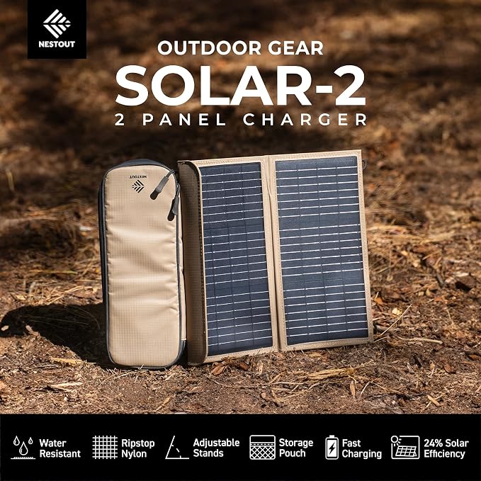 NESTOUT Portable Solar Panel, USB-C and USB-A Ports, 14W Solar Charger for Camping, Water Repellent Ripstop Nylon, Foldable Compact Design, Digital Ammeter, Adjustable Stand, Beige (2 Panel)