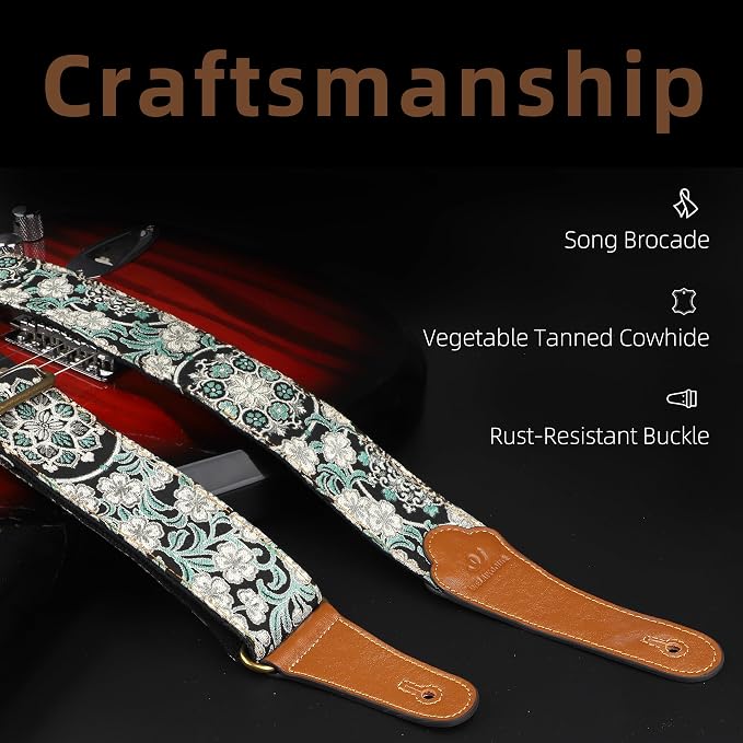 Guitar Strap, Electric& Acoustic bass Guitar Straps,Embroidered Filament with Head Cowhide Leather Strap, with Free Strap Button,2 Guitar Strap Locks，4Guitar Pick (Green Floral Print)