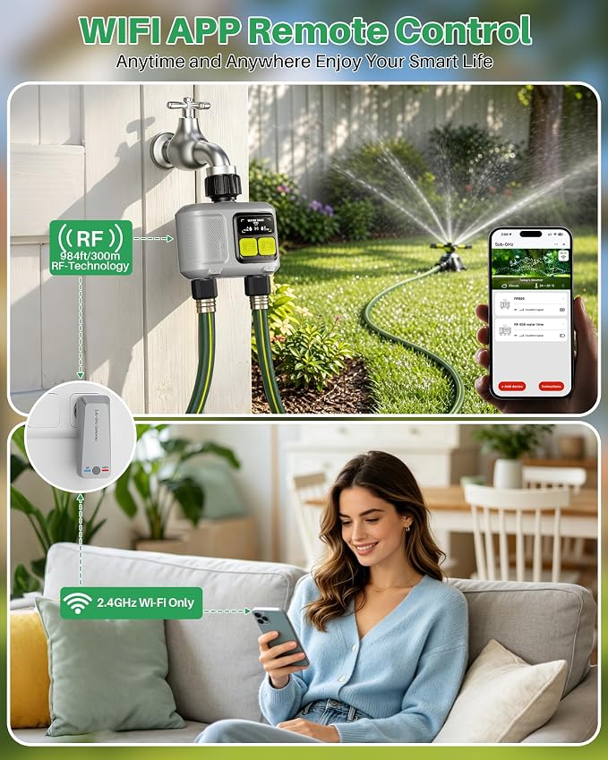 WiFi Water Timer 2 Outlet for Garden Hose, Smart Sprinkler Controller with 984ft RF Range, Smart Lawn Watering System Irrigation Timer, APP/Voice Control, Rain Delay, Manual Irrigation