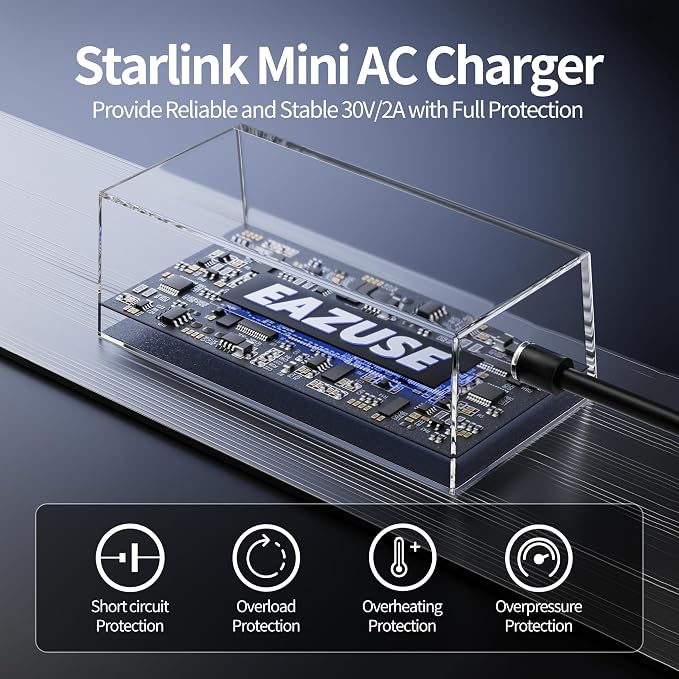 Starlink Mini Power Supply, 60W Starlink Mini Power Adapter AC Charger Wall Plug Steady 30V/2A with 1.8M Extension Cable Compatible with 150FT DC Power Cable